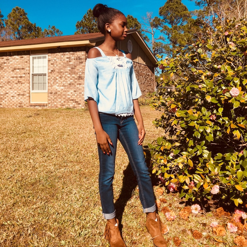 Blue off the shoulder shirt
